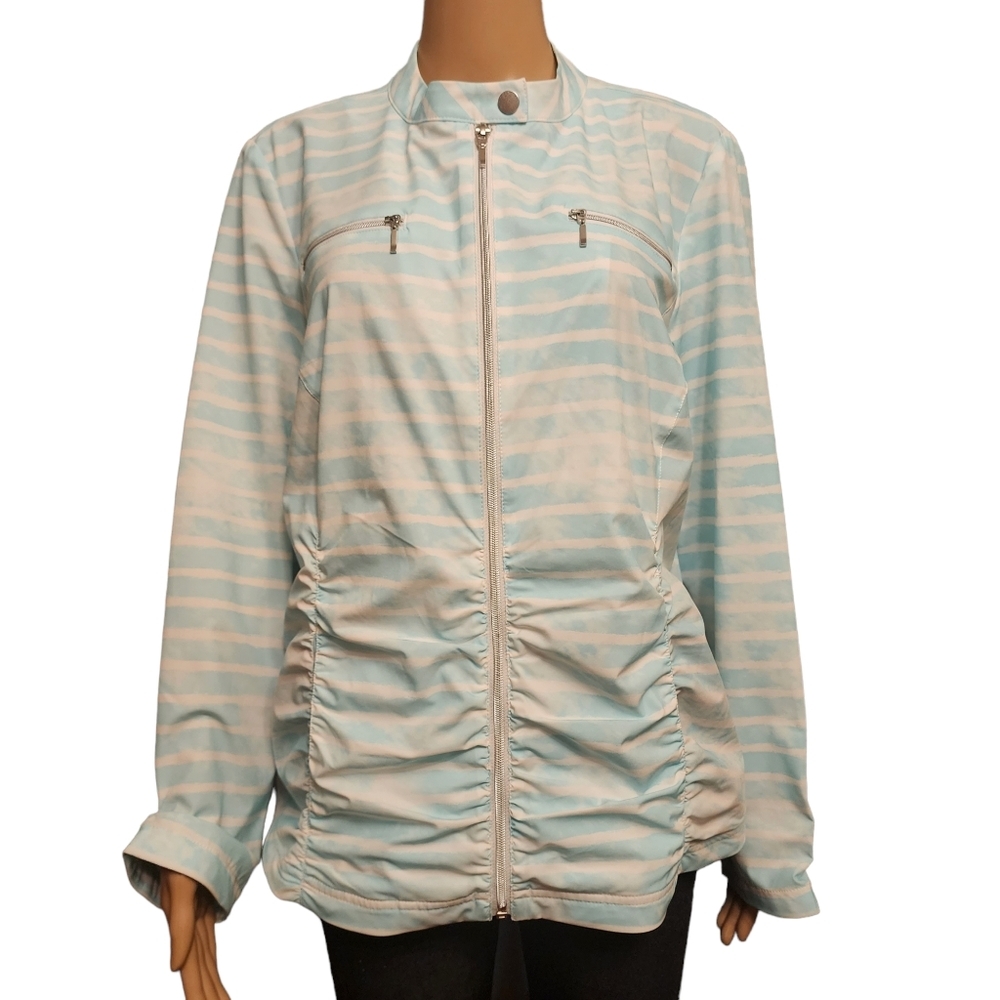 Chico's Zenergy Watercolor Blue and White Stripe Zip-Up Jacket Size XL
